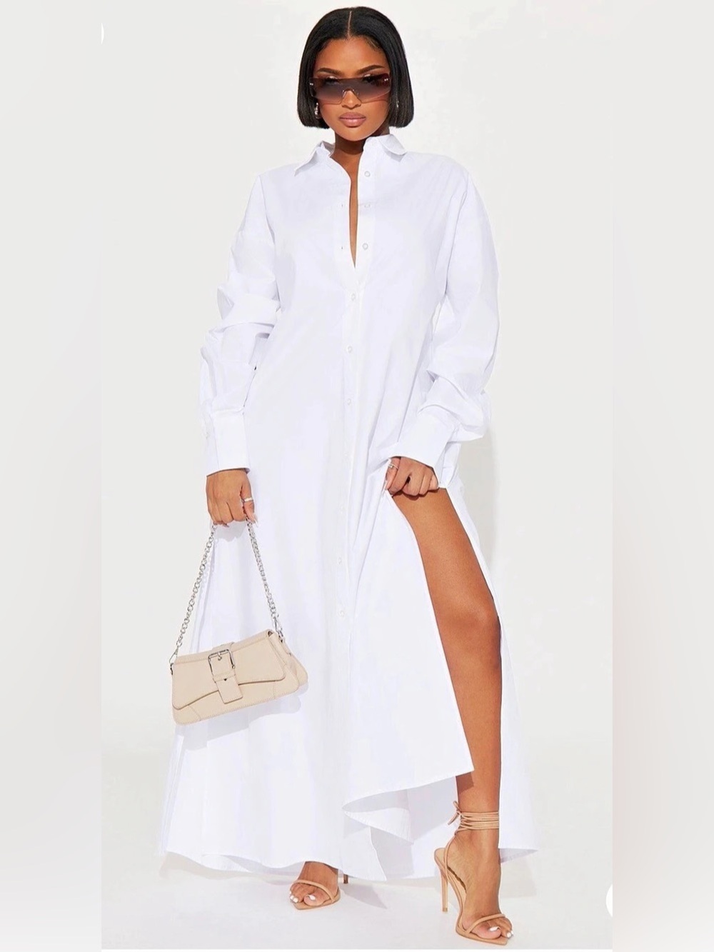 Fashion Nova Eleanor Oversized Shirt Maxi Dress White Cotton Long Sleeve